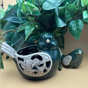 Vintage Green Bird Tea light & Green Glazed Chubby Bird W/ Scroll Wings